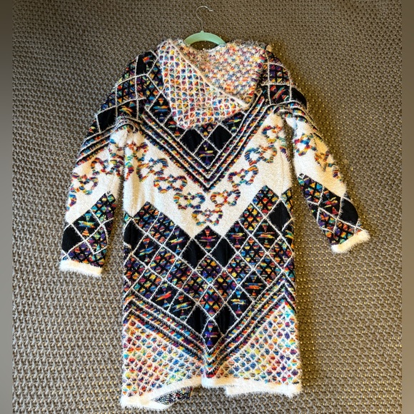 Anthropologie On Blue Hooded Duster Cardigan Colorful Diamond Pattern Knit - Picture 5 of 9